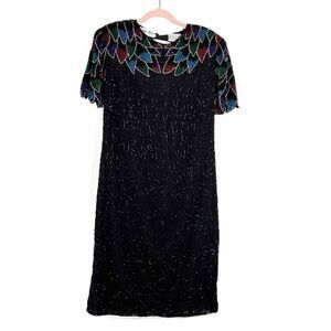 Vintage Silky Nites Silk Beaded Cocktail Dress Sz L Black Open Back Short Sleeve